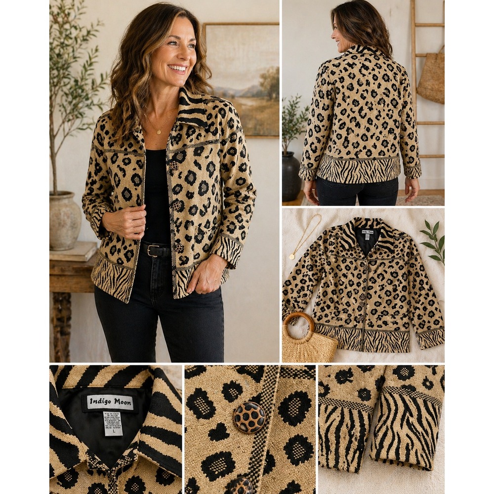 Indigo Moon Boho Jacket Womens L Animal Print Art To Wear Vintage Style